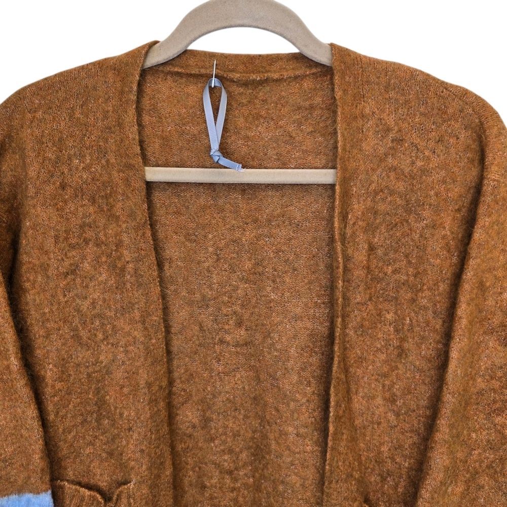 Two-Tone Women's Mohair Wool Brown Blue Open Sweater Cardigan - Picture 2 of 9